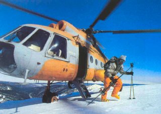 Aeroflot MI8 MTV helicopter on off-piste ski operations somewhere in the Caucasus