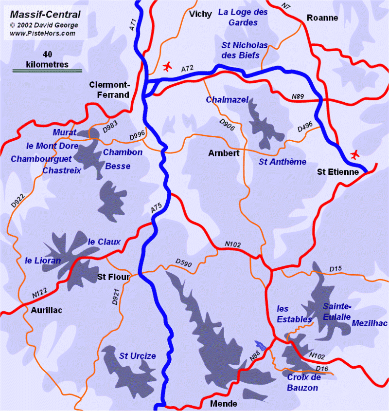 Map of the Massif Central and Ardeche ski region